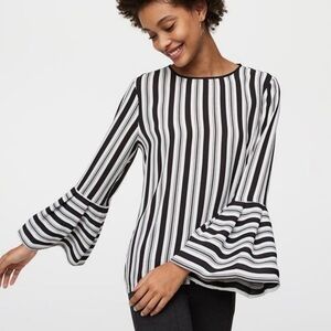 Loft Lightweight Black and White Striped Blouse with Bell Sleeves